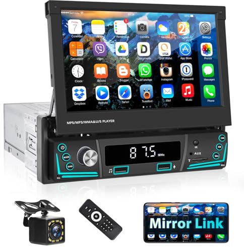 Podofo Radio 1 DIN con Sistema Manos Libres Bluetooth,Pantalla de 7 Pulgadas Abatible con Radio FM/SWC/Mirror Link/USB+Cámara de visión Trasera+Mandos a Distancia
