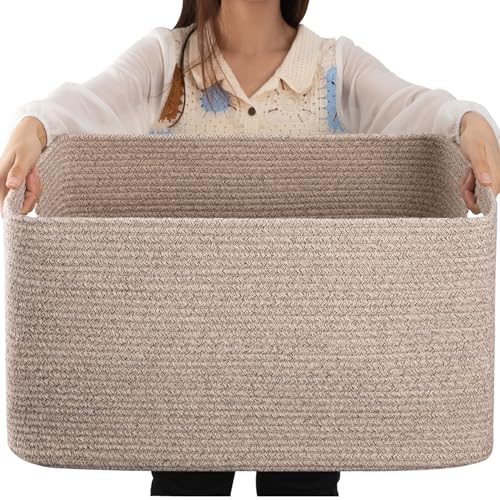 OIAHOMY Großer Deckenkorb, gewebter Decken-Aufbewahrungskorb mit Griff, Baumwollseilkorb zum Organisieren, 55,9 x 43,2 x 30,5 cm, Deckenkorb, Wohnzimmer, Spielzeugkorb für Kinderzimmer, Braun, bunt
