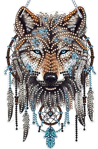 DIY Diamond Painting Anhänger Wolf Kit, Diamant Malerei Girlande Handwerk Dreamcatcher Mosaik,Tür Kranz Fenster Deko Ornament Geschenk (D)