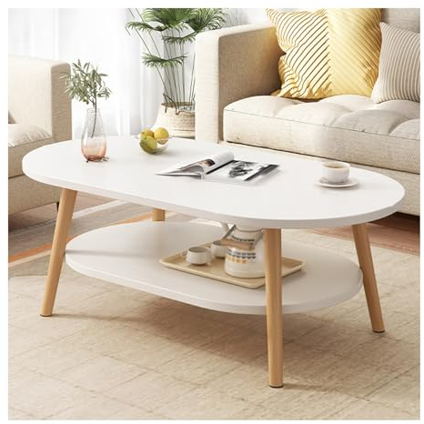 Couchtisch Mit Abgerundeten Ecken, Doppelschichtiger Sofatisch, Wohnzimmer-Mitteltisch, Offene Aufbewahrung, Wohnzimmermöbel, Einfache Montage (Color : Weiß, S : 80x45x31cm)