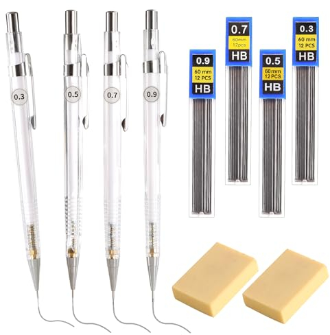 CRESZZLE Druckbleistift Set: 4 zeichenbleistifte set 0,3 0,5 0,7 0,9 mm mit 8 Dosen HB-Bleistiftminen und 2 Radiergummis, perfekt für Schreiben, Engineering, Zeichnen und Skizzieren.