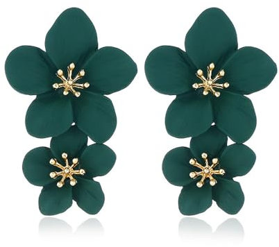FDEETY Ohrringe Mode Doppelschichtige Blumen Tropfen Ohrringe Böhmische Blume Ohrringe Übertriebene Blumenohrringe Modeschmuck für Damen (Grün)