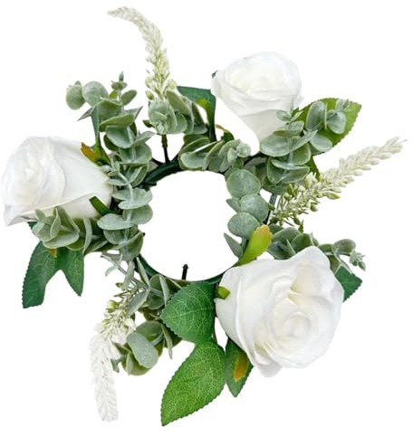 Fonowx Kerzenringe für Stabkerzen Blumen, 22cm Kerzenring Künstliche, Osterkranz Kerzenringe, Eukalyptusblätter Kerzenkränze für Hochzeit Mittelstücke Bauernhaus Erntedankfest Tischdekoration, Weiß