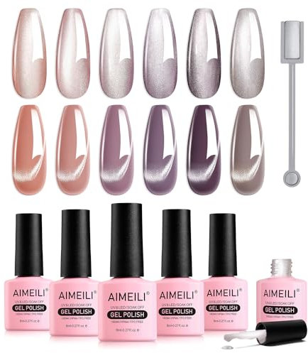 AIMEILI Magnetic Gel Nail Polish Set with Magnetic Stick, 6pcs Moonlight Ceramic Cat Eye Gel Nail Varnish UV LED Nail Art Manicure Pedicure, Easy to Apply 8ml - Gift Kit 59