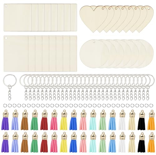 Rebanky 128 Pièces Porte-Clés en Bois Diy Cercles de Tranches de Bois Vierge Porte Clé Bois Brut Porte Clef Rond en Bois à Peindre Porte-Clés en Bois à Peindre avec 20 Pendentifs de Couleur(4 formes)