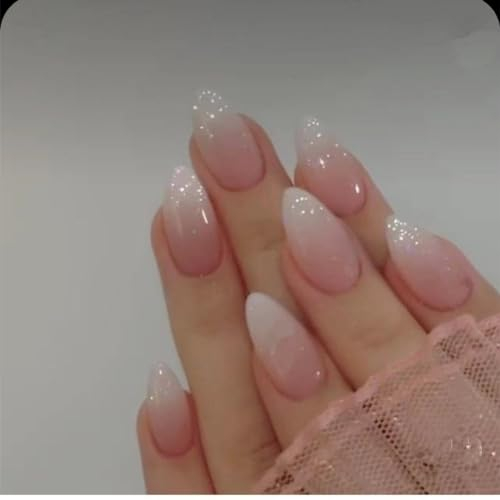 JUSTOTRY 24 Stück Gradient Pink Nägel Zum Aufkleben Kurz,Nude Mandel Press on Nails Einfarbig,Glossy Oval Kunstnägel Fake Nails Mittel,French Fingernägel Künstliche Nägel für Frauen