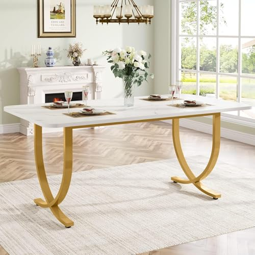 Tribesigns Moderner Esstisch für 6 Personen, 160 x 80 x 75 cm, Tisch Wohnzimmer, Rechteckig, Küchentisch, Esstisch für Esszimmer und Küche, Wohnzimmer, Moderner-Design, Weiß und Gold