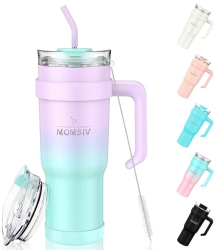 MOMSIV Gobelet de 1100 ml avec poignée et paille, grande capacité de 1 100 ml, tasse à café isotherme, tasse de voyage sous vide pour boissons glacées chaudes et froides, violet-vert