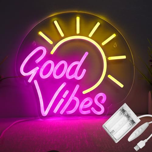 Good Vibes Neon-Schild, Batteriebetriebene oder USB-Betriebene Neon-Schilder für Wanddekoration, Einstellbare Helligkeit Good Vibes Schild (32,5 x 30 cm)