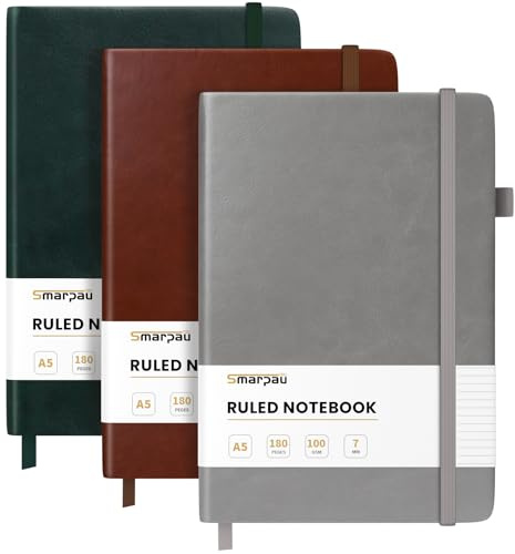 Smarpau Journal Notebook A5, 3 Pack Hardcover Notebooks with 100gsm Thick Paper, 540 Pages Leather Journals for Women Men Writing, 14.5 x 21cm - Dark Green, Grey, Brown
