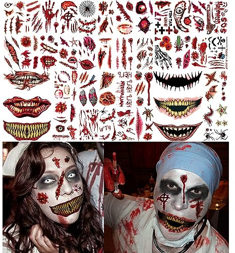 Sevendosong Scary Halloween Zombie Cosmetics Horror Bloody Wounds Fake Scars Realistic Temporary Tattoo Halloween Party Cosplay Men Adult Women Zombie Makeup Fake Body Art Fake Face Tattoos