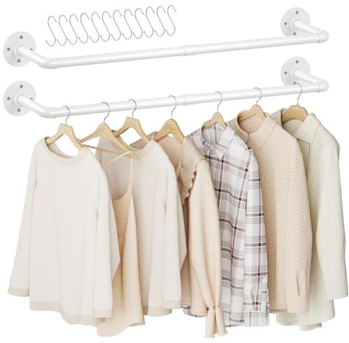 Urban Deco Industrial Pipe Clothes Rack 92cm Inches Wall Mounted Clothes Rail For Bedroom Heavy Duty Detachable Wardrobe Rail Vintage Iron Garment Bar With 2 Base White (Holds Up To 45 KG)-2 Packs
