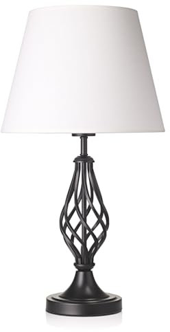 Happy Homewares Traditional Matte Black Table Lamp with Barley Twist Metal Base and Ivory White Linen Shade | 11w Maximum | Ideal for Bedside Lamps