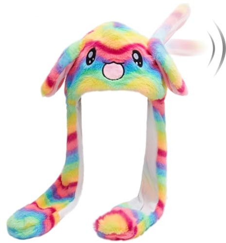 Hpfulseazn Ear Moving Jumping Warm Plush Animal Hats Movable Dancing Ear Flap Hat Earflaps Movable Fluffy Cap(Rainbow Rabbit)