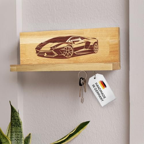 WALDMITTE Schlüsselbrett Holz mit Ablage-Brett - Handgemachtes Wand-Schlüsselboard mit starken Neodym-Magneten | Schlüsselhalter Flur, Schlüsselablage für Schlüssel Handy & Co. (Autos 2, Auto)