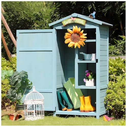 Gartenschrank aus Holz, mit Schieber zum Dach, Gartenschuppen, Blau