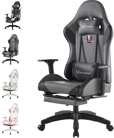 K IKIDO Gaming Stuhl, Ergonomischer Gamingstuhl, Höhenverstellbarer Bürostuhl - Computerstuhl mit Fußstütze, 155° Neigung, mit Kopfstütze und Lendenkissen, für Zuhause und Büro (Grau)