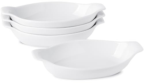 Juego de 4 Bandejas Horno de Cerámica Ovaladas, Platos de Cerámica para Hornear con Asas, Fuente para Horno Pequeña, para Lasañas, Pasteles, Tapas y Más, Apto para Lavavajillas y Horno - Blanco