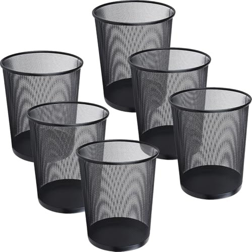 WYIPOLZI 6 Pack Metal Mesh Waste Paper Bin 12L Lightweight Mesh Wastebasket Waste Bin Black Metal Rubbish Bins for Bedroom, Office, Bathroom, Kitchen (Black Round)