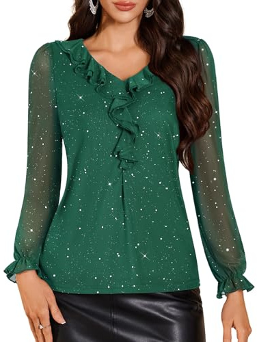DRESSTELLS Women's Sequin Tops Ruffle V Neck Long Sleeve Double Layers Mesh Sparkly Blouses for Party