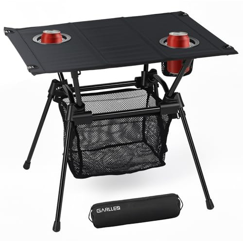 GARLLEN Campingtisch klappbar, 60x43x51cm Camping Tisch Klapptisch mit Getränkehalter, Netztasche & Tragetasche, Ultraleicht Gartentisch Picknicktisch Kleiner Tisch Outdoor für Strand Angeln Wandern