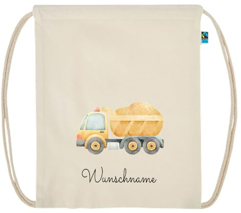 Elefantasie Personalisierter Turnbeutel aus Bio Baumwolle Wäschebeutel für Kinder Stoffbeutel mit Name und Motiv Fahrzeuge bedruckt (Kipplader)