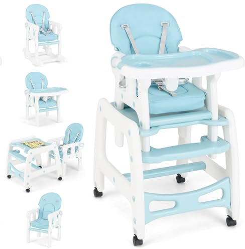 GOPLUS 4 in 1 Baby Hochstuhl, mit Schaukelfunktion, Kinderhochstuhl mit Verstellbarer Rücklehne & Abnehmbarem Tablett & Universalrädern, Babyhochsitz mit 5-Punkt-Sicherheitsgurt (Blau)