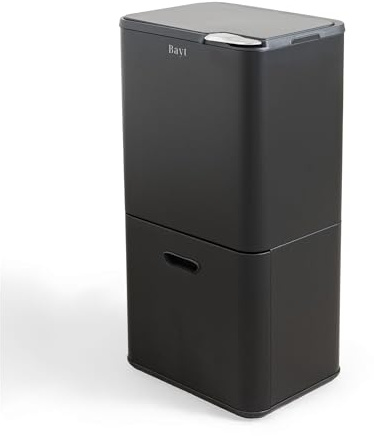 Bayt Poubelle Cuisine 60L Tri Sélectif Noir - Poubelle Double Compartiment Recyclage Vertical Compact (27L+33L) | Poubelle 2 Bacs en Acier Design Étroit, Meuble Poubelle de Tri de Cuisine Moderne
