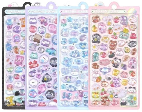 Auroriel 4 Blatt 3D Puffy Sticker 200+ Kawaii Harz Deko Sticker Für Handyhülle Notizbuch Scrapbooking Stil Kindergarten Schultüte Geschenk Tagebuch Laptop Wasserflasche DIY Basteln