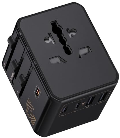 Auxmir Adaptador Enchufe Universal PD 45W con 3 USB-C y 2 USB-A, Negro | Material Ignífugo. Clavijas para EU, UK, US y AU. Peso Ligero 162g. Ideal para Viajes, Hotel, Móviles, Tablets y Cámaras