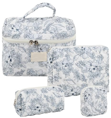 Lot de 4 Trousse de Toilette Matelassée Femme en Coton Doux, Makeup Bag Set, Motif Floral Trousse de Voyage Maquillage Bebe, Grande Capacité Portable，Trousse Rangement Vanity Fleur de Coton