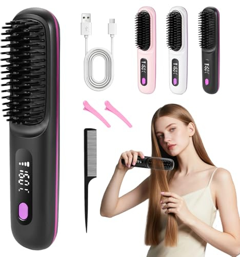 RUIZHI Haarbürste Elektrisch, Glättbürste Kabellos, Stylingbürste für Kurze Haare, Elektrische Haarglätter Bürste, Glättungsbürste, Hot Comb für Reisen, mit LED Anzeige und 3 Temperatureinstellung