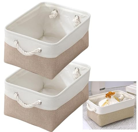 LoNinLoAn Large Fabric Storage Boxes, 2 Pack, Khaki White, 41x31x20 cm | Home Storage Baskets with Handles, Foldable Toy Storage Baskets for Shelves Clothes Towels