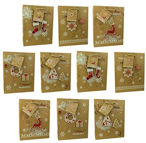 HRB Geschenktüten, 10 Stück für Weihnachten 23 x 18 x 10cm mit 3D Applikationen, stabile Weihnachtstüten, weihnachtliche Geschenkverpackung (Braun, Medium)