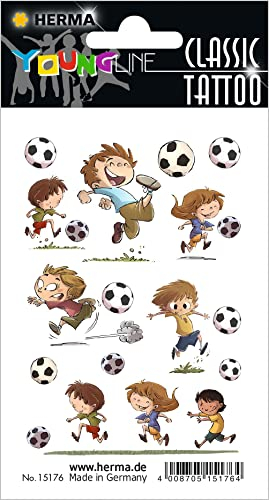 HERMA 15176 Temporäre Tattoos Fußball, 12 Stück, Klebetattoos zum Aufkleben, Fake Tattoos Aufkleber mit Fussball Motiv, Kindertattoos Sticker für Geburtstag Fasching Karneval Kinder Erwachsene