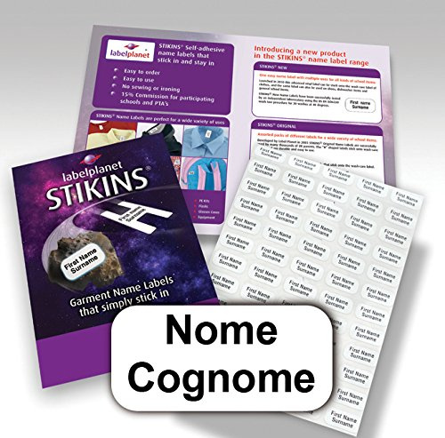90 etichette adesive personalizzate per l'abbigliamento, STIKINS® Label Planet®, targhette per grembiuli/vestiti per bambini, etichettatura con nome