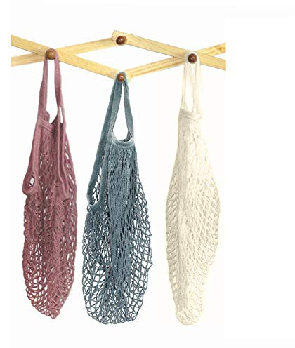 Pveath 3 Pack Grocery Mesh Bags Portable/Reusable/Washable Organic Cotton String Shopping Bags Produce Net Tote Bags with Short Handle Shopping Handbag for Fruit Vegetable Storage (Purple Beige)