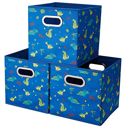 HSDT 3 Cube Storage Bins Blue 10.5x10.5x11 Inch Foldable Dinosaur Coastal Print Fabric Half Storage Basketes for Home Organizers Storage Drawer,QY-SC13-3