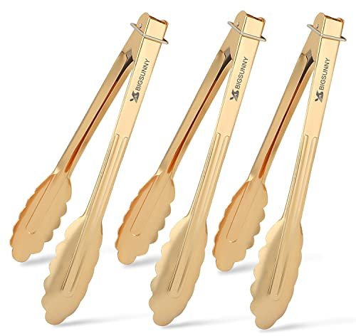 MSY BIGSUNNY 9 Inch Kitchen Food Tongs for Cooking and Serving- Aluminum - Set of 3 (Gold-Plated)