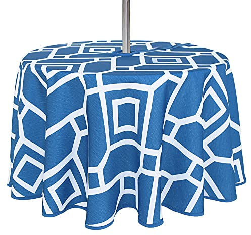 LUSHVIDA Marokkanische Tischdecke für drinnen und draußen, waschbar, wasserdicht, knitterfrei, mit Reißverschluss und Schirmloch für Frühling, Sommer, Party, Picknick, Grillen, 152.4 cm, Blau