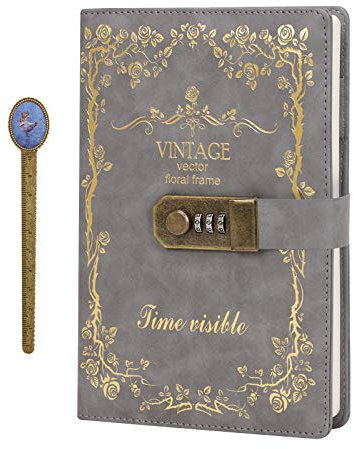 Faxianther Combination Lock Diary Vintage Personal Secret Password Notebook A5 Notepad PU Leather Travel Journal Book Boys Girls Fancy Diary Privacy Protection Notebook with Pen Loop and Card Slots