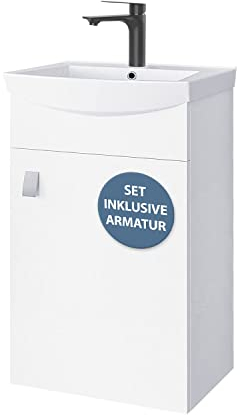 Planetmöbel Badmöbel Set Waschtisch mit Unterschrank 45 x 60 x 33 cm mit Waschtischarmatur schwarz für Badezimmer, Gäste WC & Bad, Weiß