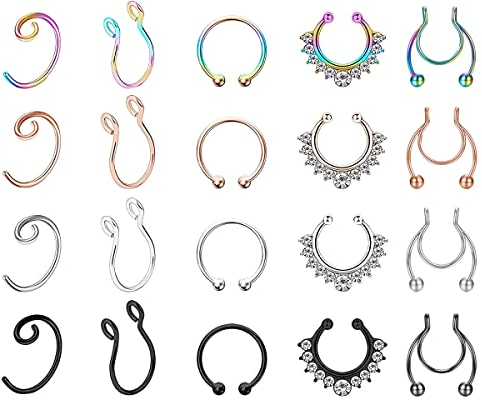 XiXiRan Fake Nasenpiercing, Fake Nasenring, Gefälschte Nasenringe, Fake Nostril Piercing Schmuck, U-Förmig Non Pierced, Fake Nase Ring, Fake Nose Cuff für Damen (20 pcs)