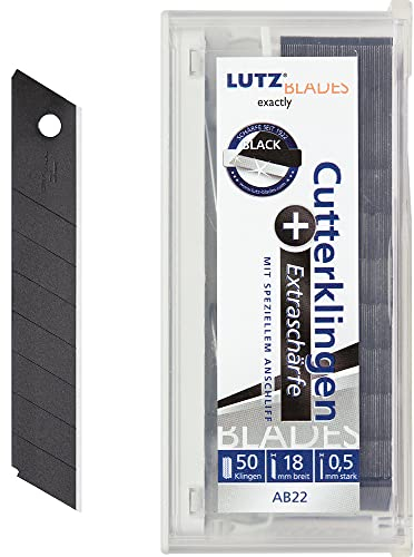LUTZ BLADES Cuttermesser Klingen 18mm extra scharf | 50 Stk.| Schwarze Karbonstahl Abbrechklingen von LUTZ in Solingen | Extrem scharfe Teppichmesser Klingen | Cutter Ersatzklingen für Folien, Leder
