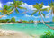 wandmotiv24 Fototapete Strand Meer Palmen, M 250 x 175 cm - 5 Teile, Wanddeko, Wandbild, Wandtapete, Boot Karibik M6239