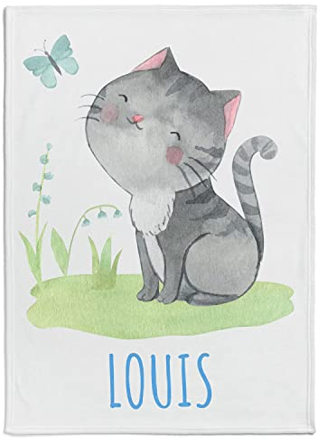 Personalisierte Babydecke Kinderdecke mit eigenen Namen, Kätzchenmotiv & Farbauswahl | Individuelle Baby Decke Namensdecke mit graue Katze Motiv (Kätzchen mit Schmetterling 1), 80 x 110 cm