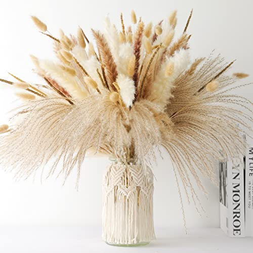 WLRAPSKY Pampas Grass Decor, 120 Pcs Dried Pampas Grass, 17-Inch Natural Dried Flower Bouquet, Cream/Beige, for Vase & Boho Wedding Decor