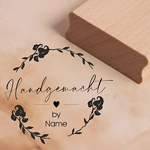 Motivstempel Handgemacht Vintage Kranz inkl. Name - Herz Stempel personalisiert - 48 x 47 mm