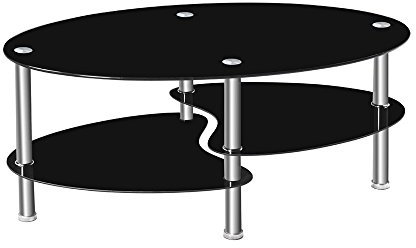 LEADZM Table Basse en Verre Trempé à 3 Couches - Ovale pour Salon, Bureau - 90 x 50 x 45 cm (Noir)