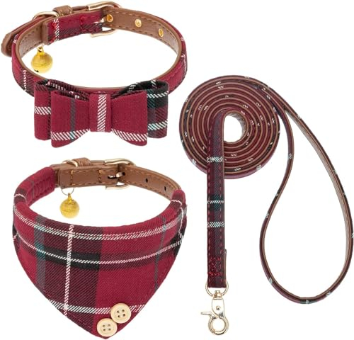 Hundehalsband und Leine mit Fliege, Set für kleine Hunde – Welpenleine Halsbänder klassisch beige kariert – verstellbare Größe mit Goldener Glocke – perfekt für mittelgroße Rassen Jungen